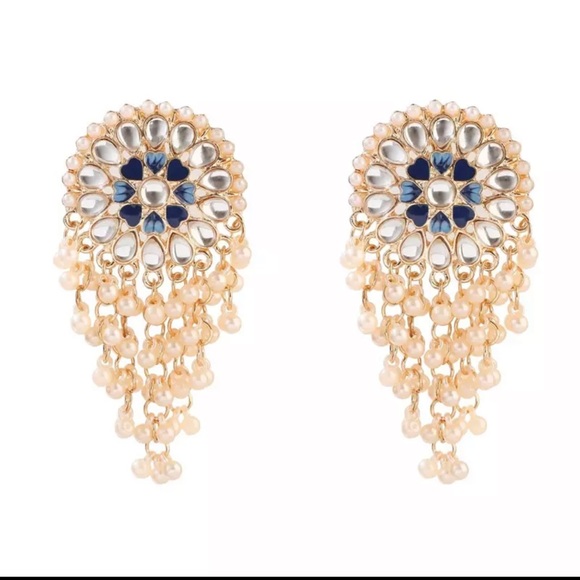 Indian Kundan Pearls Ethnic Bridal Drop Earrings.